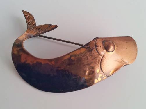 Rebajes vintage copper fish pin, 1940`s, American